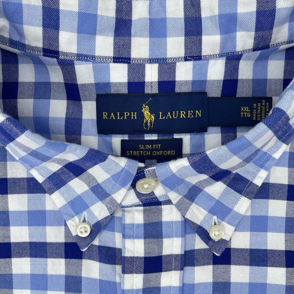 Ralph Lauren‎ Slim Fit Oxford Shirt XXL Blue Check Slim Stretch Flesh Pony